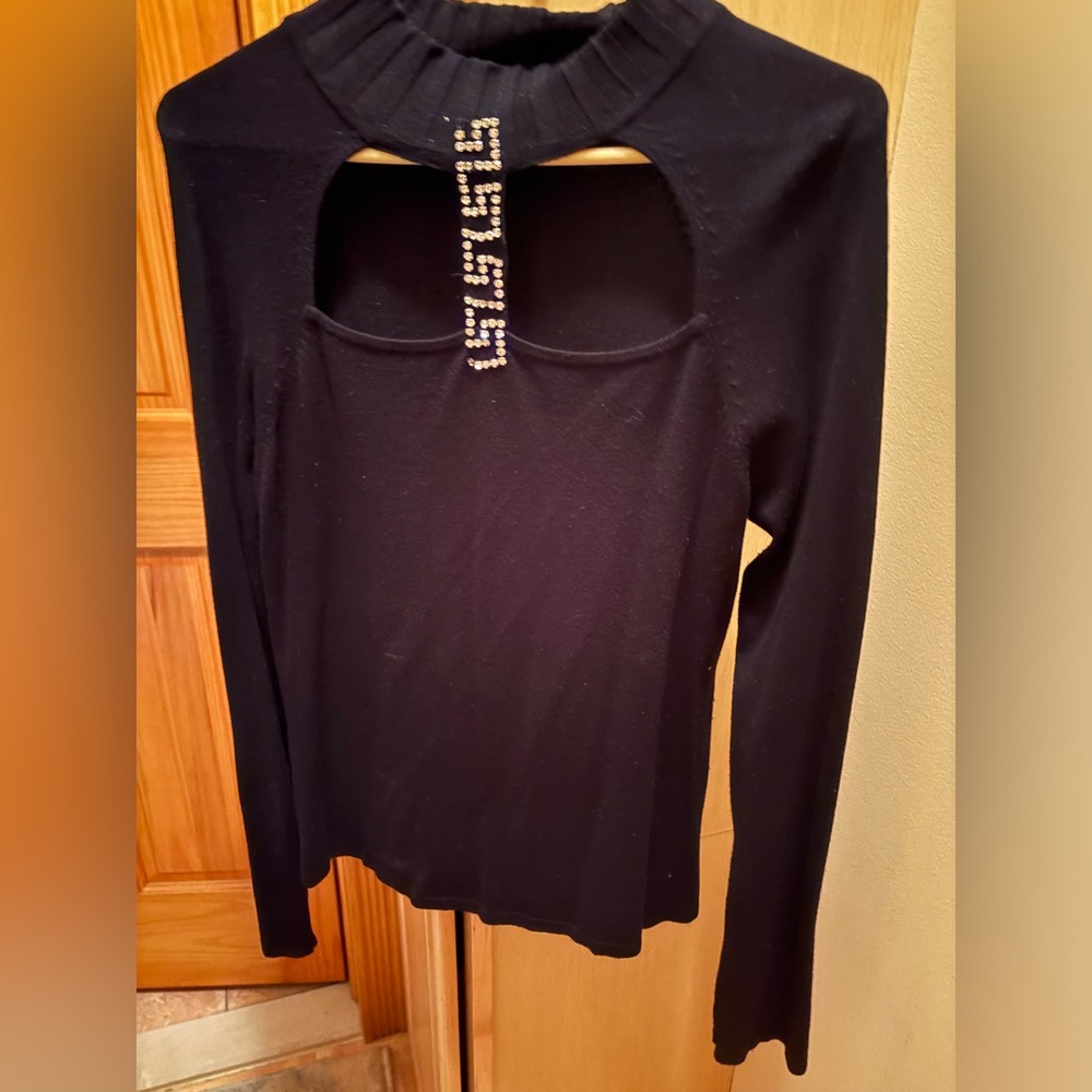 Bellini Black Long Sleeve Top with Rhinestone Neckline